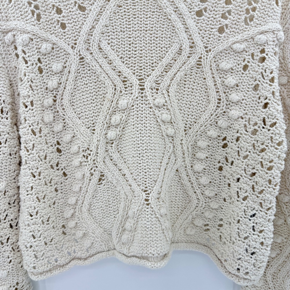 Zara Knit Cropped Sweater Small Cream Pom Pom Open Knit Boho Chic Pullover - Picture 6 of 11